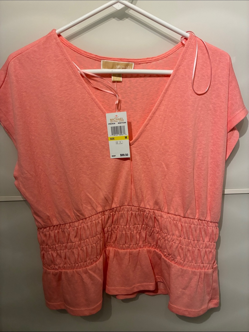 Michael Kors Coral V-Neck Smocked Peplum Top